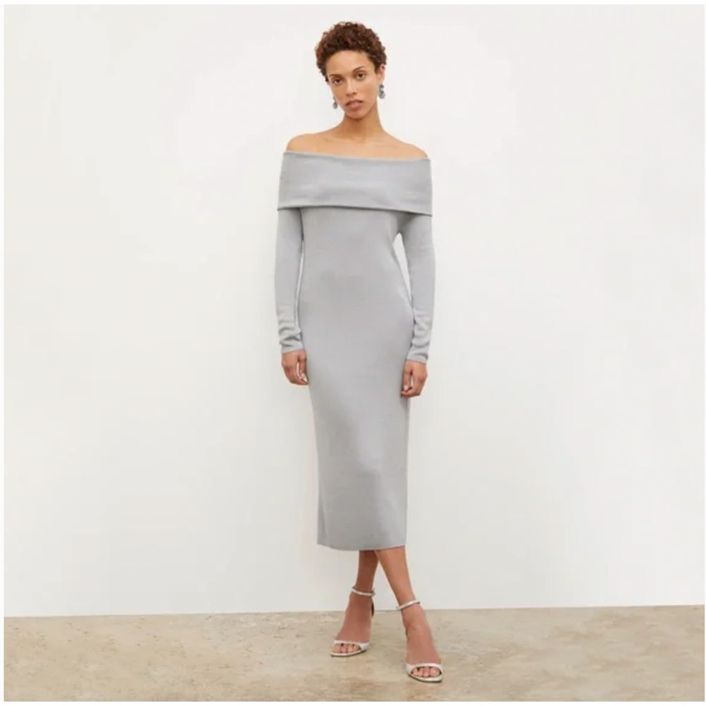 MM‎ Lafleur The Lalita Dress Pale Grey Silk Jersey Knit Midi Dress Size L